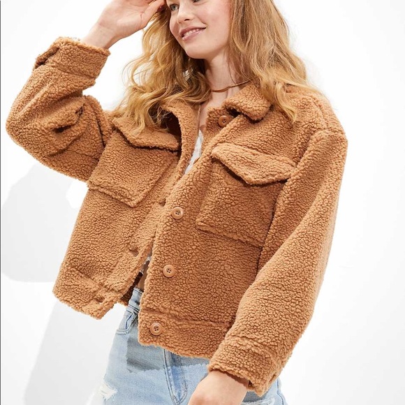 AE Sherpa Jacket Small American Eagle Brown Teddy Shacket S Tan Pocket Coat - Picture 1 of 6